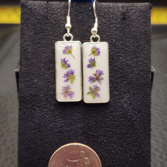 Real Pressed Purple Flower Rectangular Earrings - Picture 2 of 4